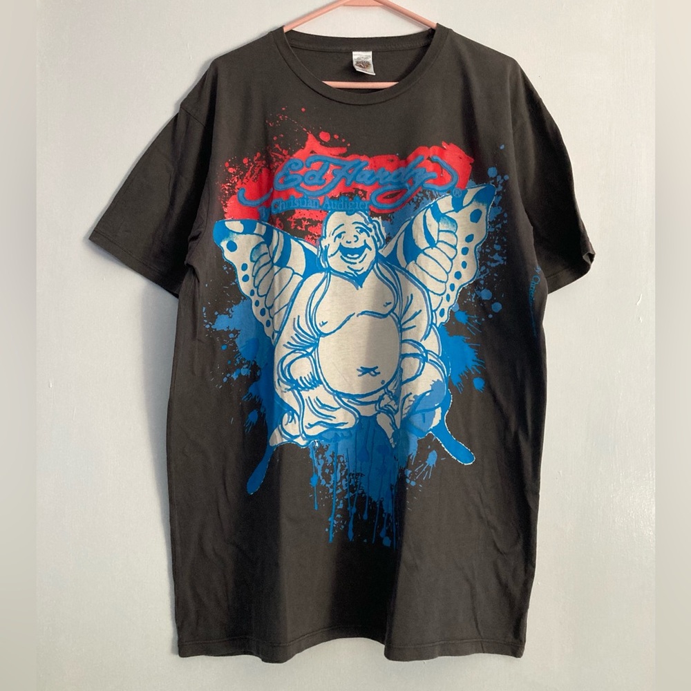 Ed Hardy SZ XL 100% cotton dark gray slate Buddha butterfly design vintage